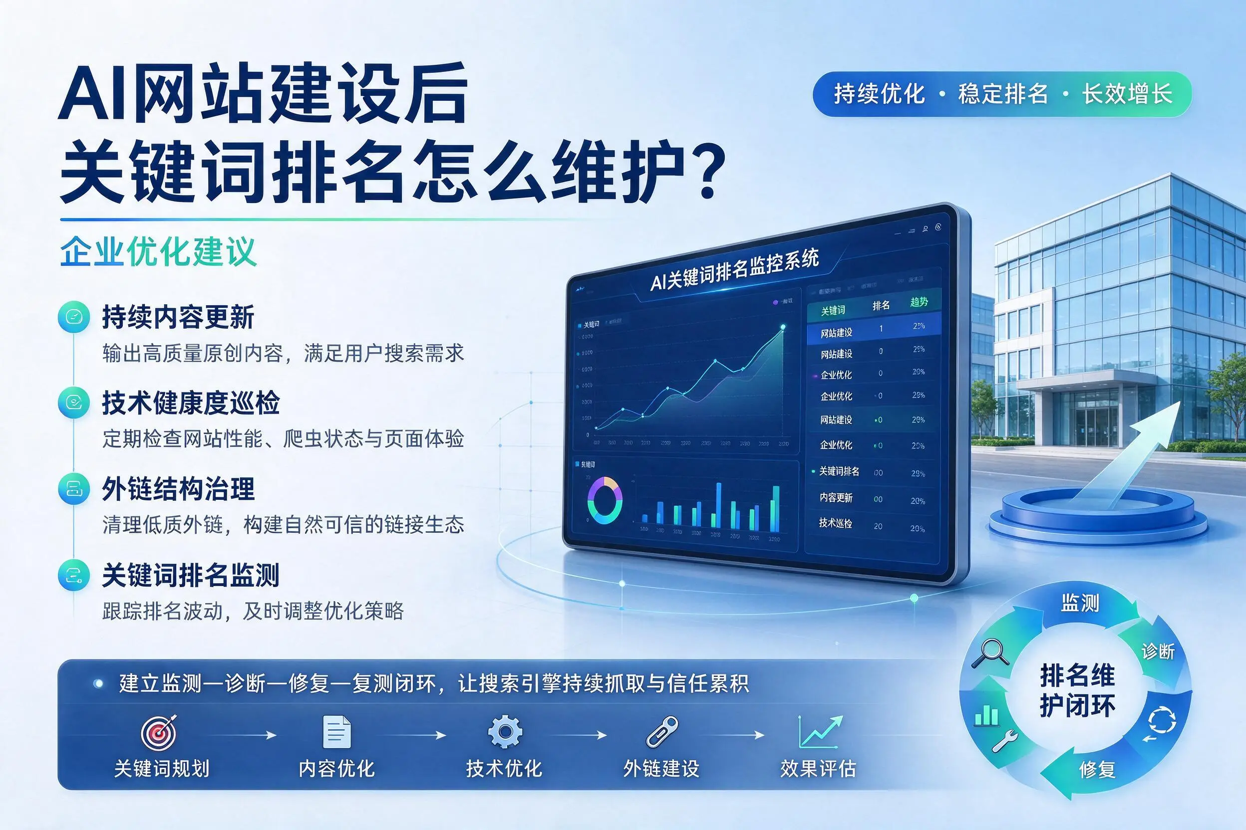 AI网站建设后关键词排名怎么维护?巴音郭楞企业优化建议